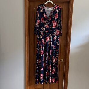 Chic Soul Navy Maxi Dress with Pink & Green Floral Print